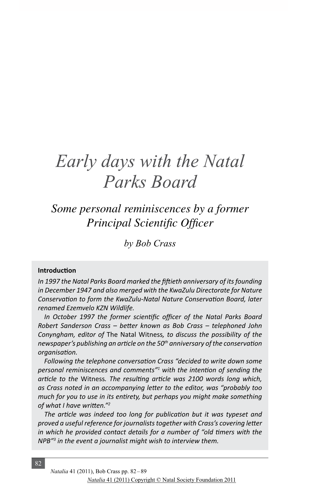 Early Days with the Natal Parks Board Some Personal Reminiscences by a Former Principal Scientific Officer