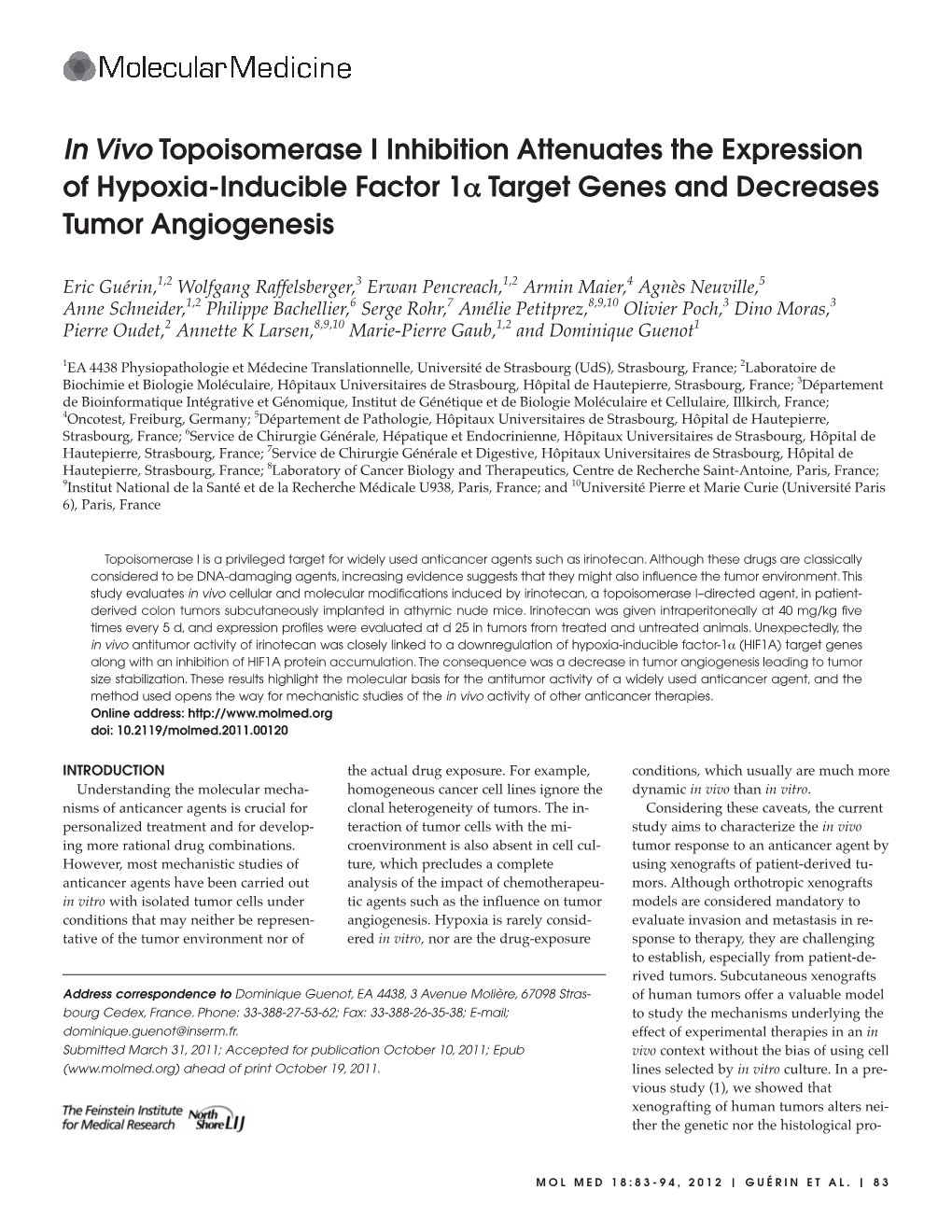 In Vivo Topoisomerase I Inhibition Attenuates the Expression of Hypoxia-Inducible Factor 1A Target Genes and Decreases Tumor