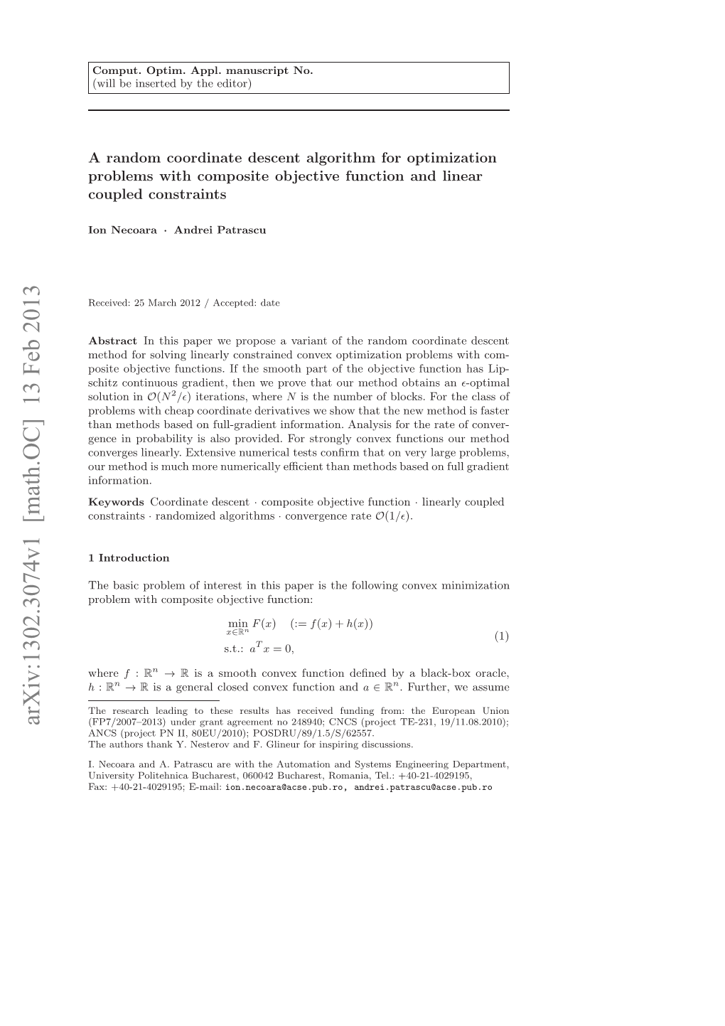 A Random Coordinate Descent Algorithm for Optimization Problems