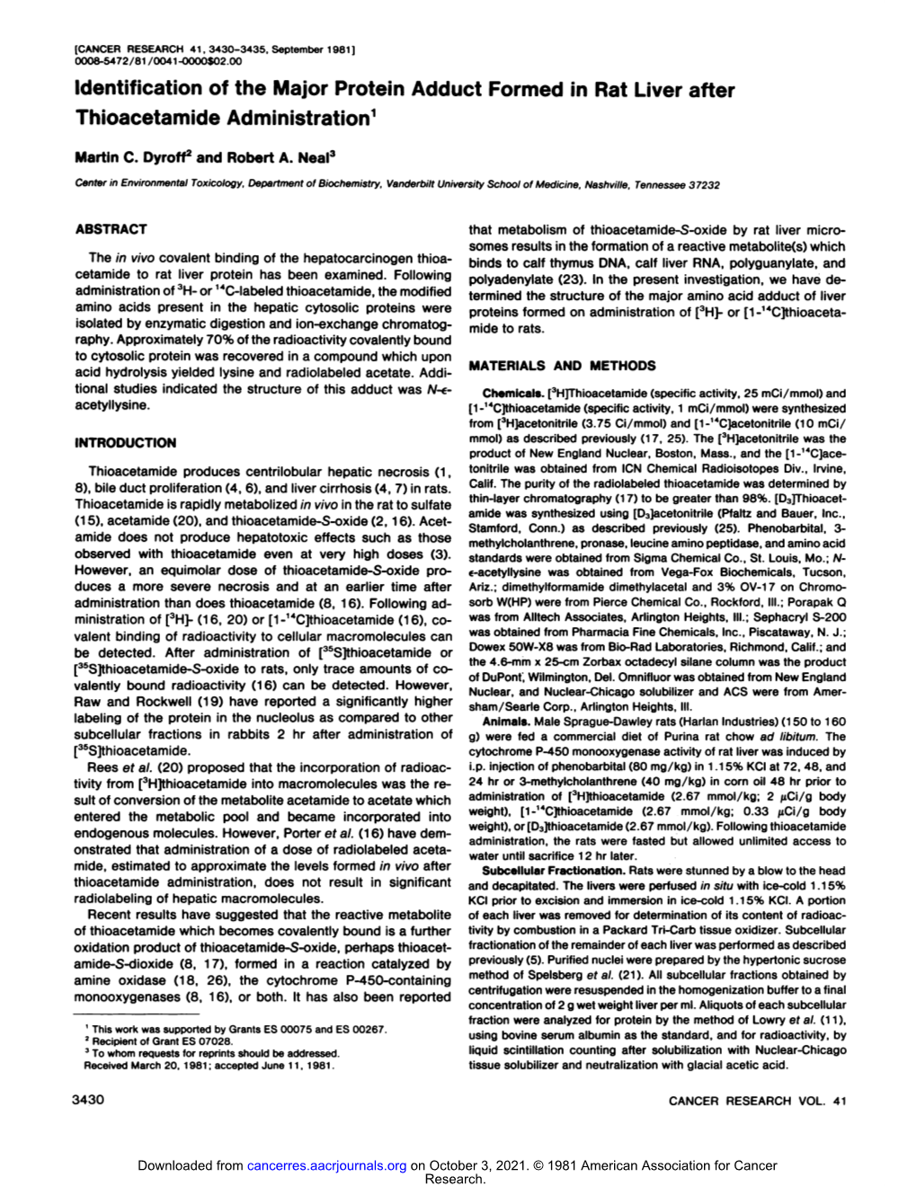 Identification of the Major Protein Adduct Formed in Rat Liver After Thioacetamide Administration1