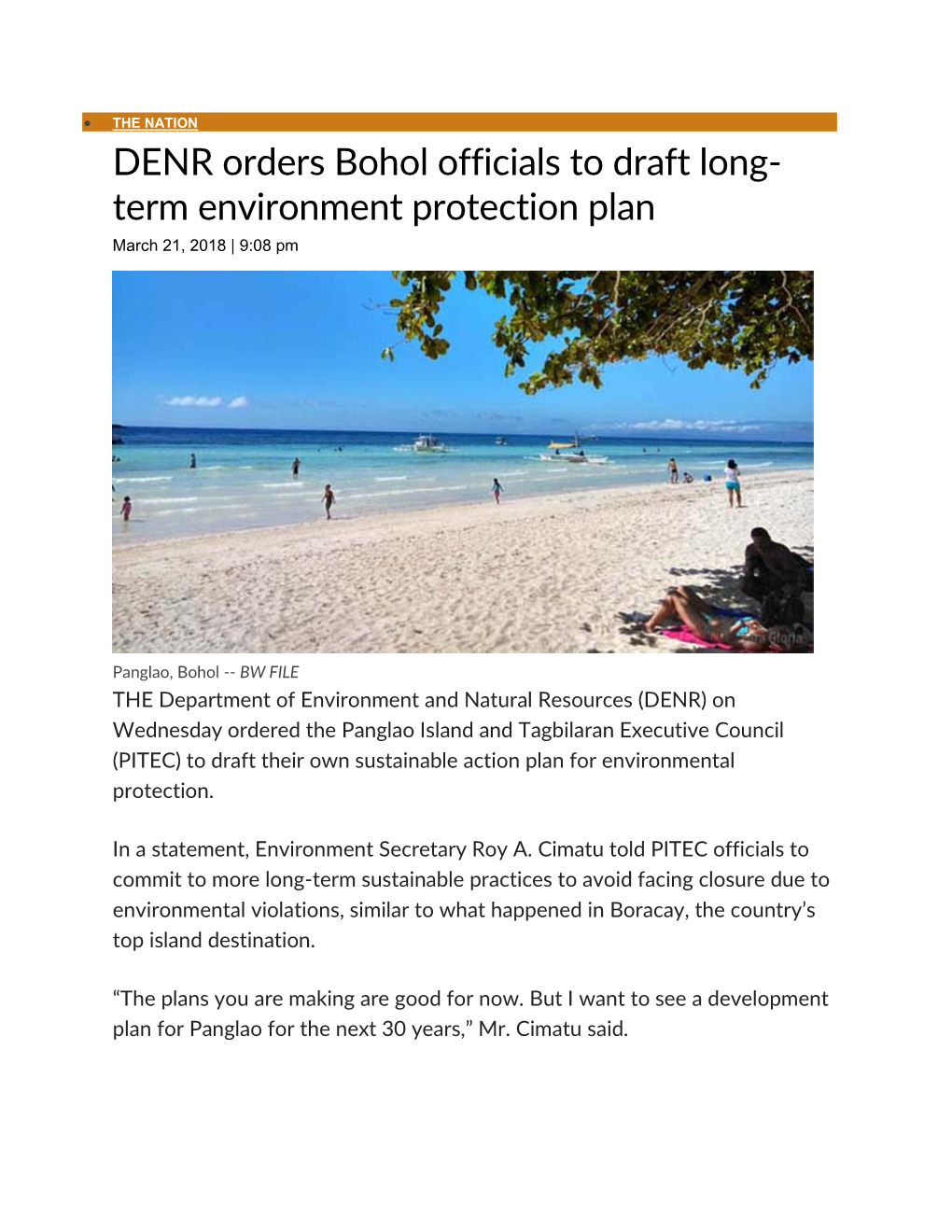DENR Orders Bohol Officials to Draft Long- Term Environment Protection Plan March 21, 2018 | 9:08 Pm