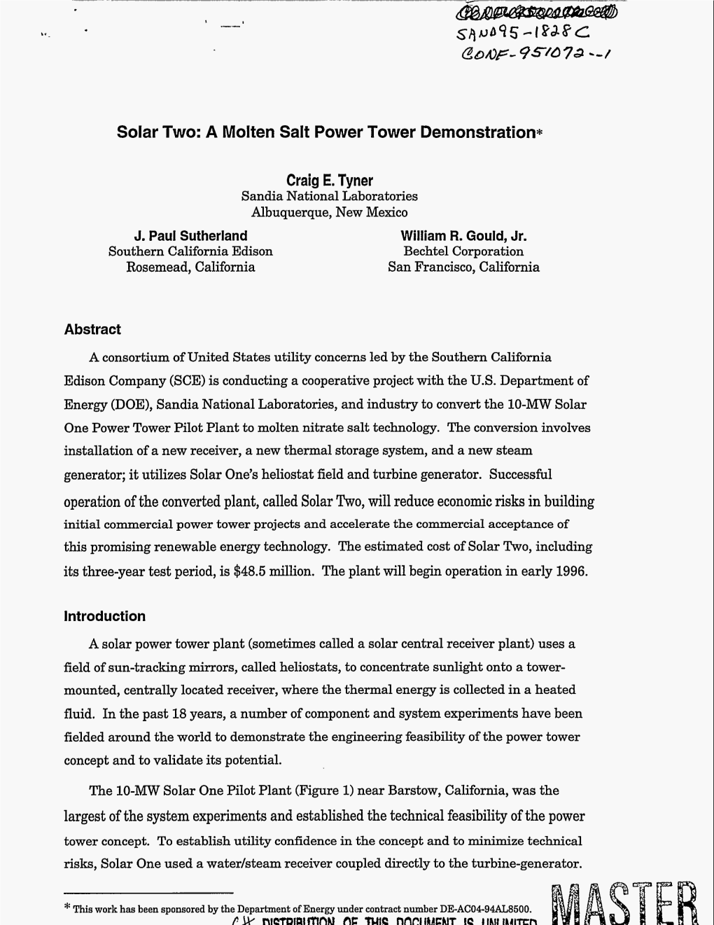 Solar Two: a Molten Salt Power Tower Demonstration*