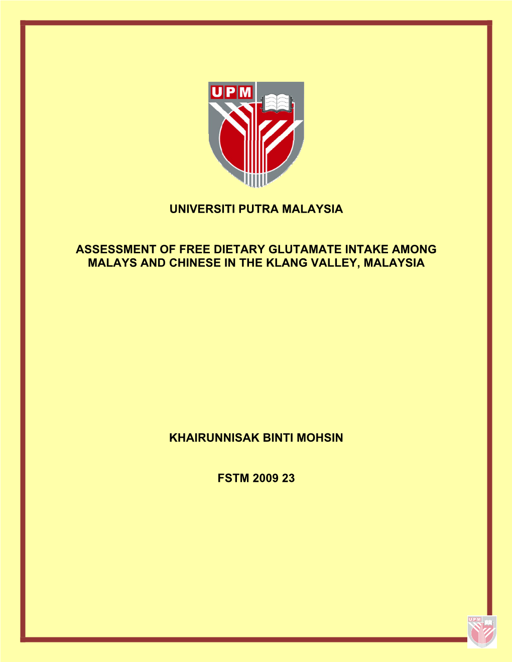 Universiti Putra Malaysia Assessment of Free Dietary