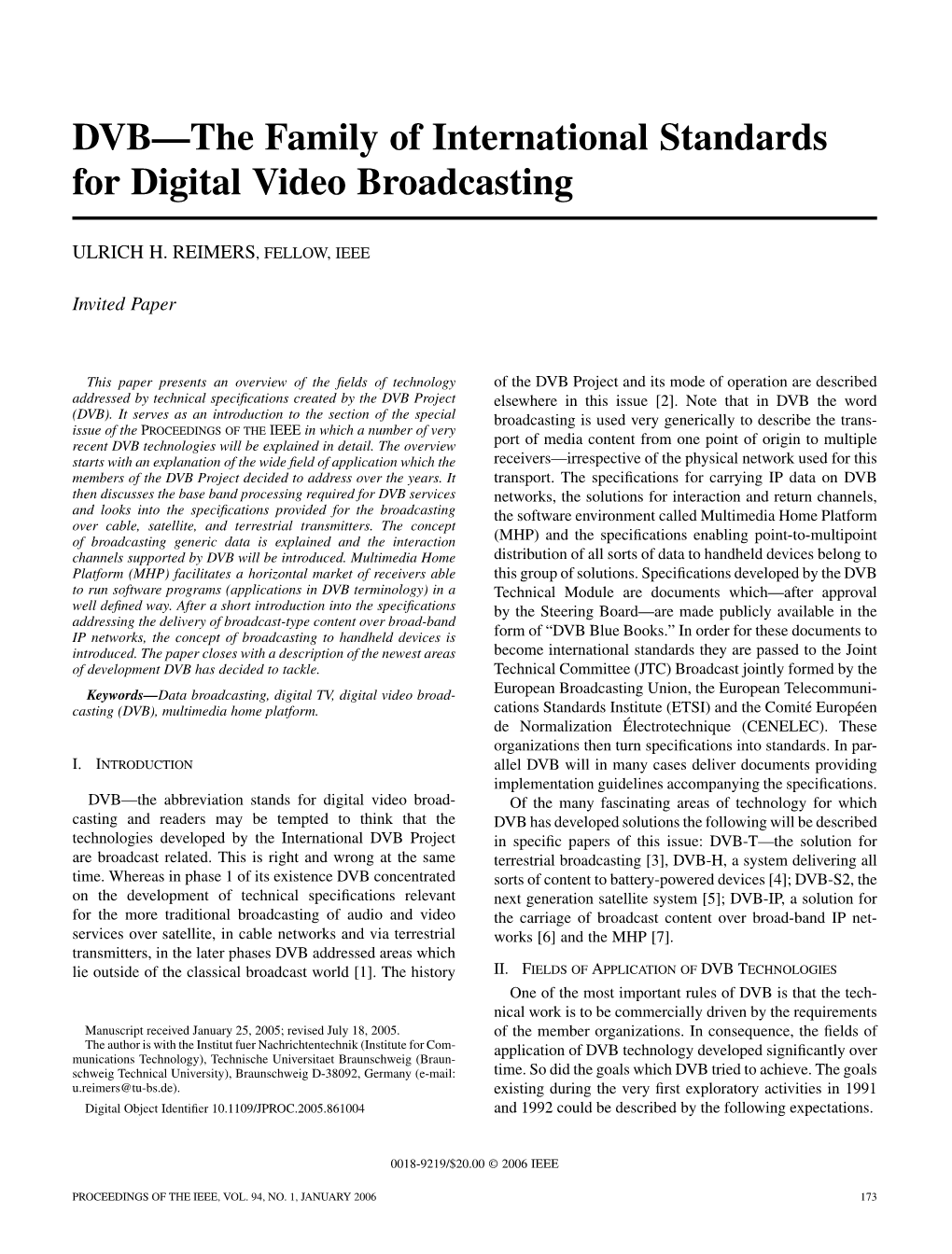 DVB—The Family of International Standards for Digital Video Broadcasting