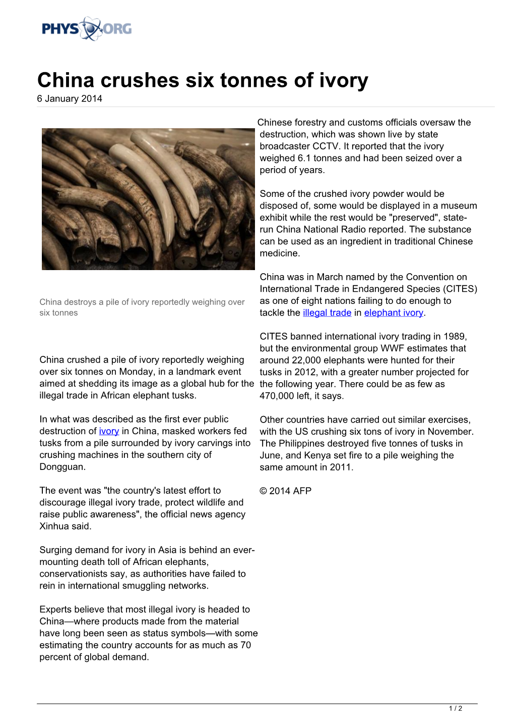 China Crushes Six Tonnes of Ivory 6 January 2014