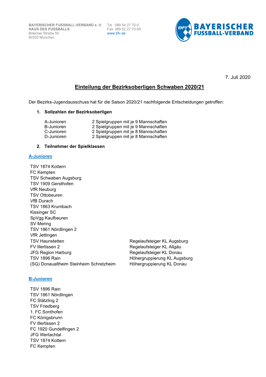 Einteilung Der Bezirksoberligen Schwaben 2020/21