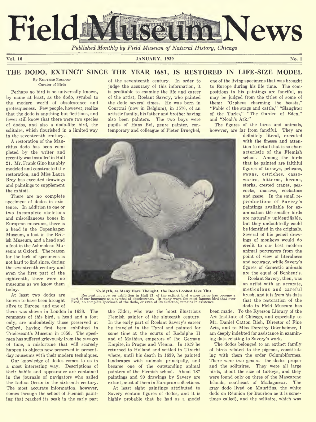 THE DODO, EXTINCT SINCE the YEAR 1681, IS RESTORED in LIFE-SIZE MODEL RUDYERD BOULTON by of the Seventeenth Century