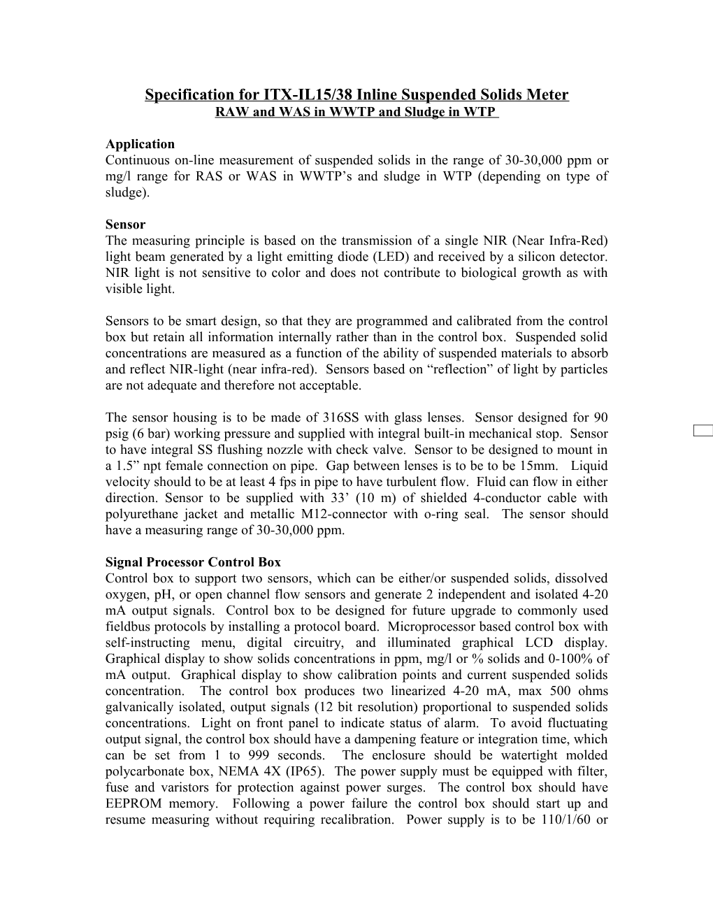 Specification for ITXIL15/38 Inline Suspended Solids Meter