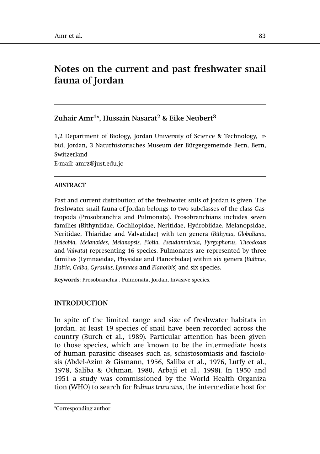 Notes on the Current and Past Freshwater Snail Fauna of Jordan