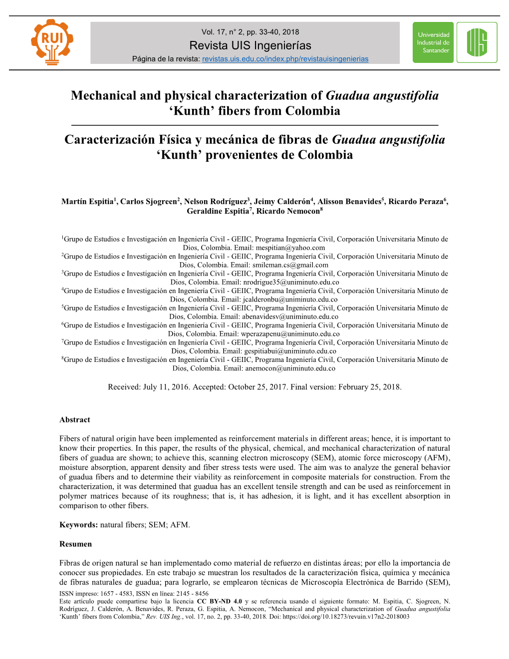 Mechanical and Physical Characterization of Guadua Angustifolia ‘Kunth’ Fibers from Colombia