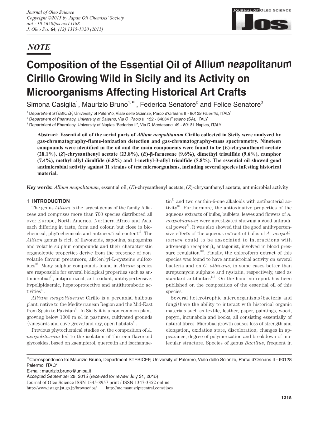 Composition of the Essential Oil of Allium Neapolitanum Cirillo