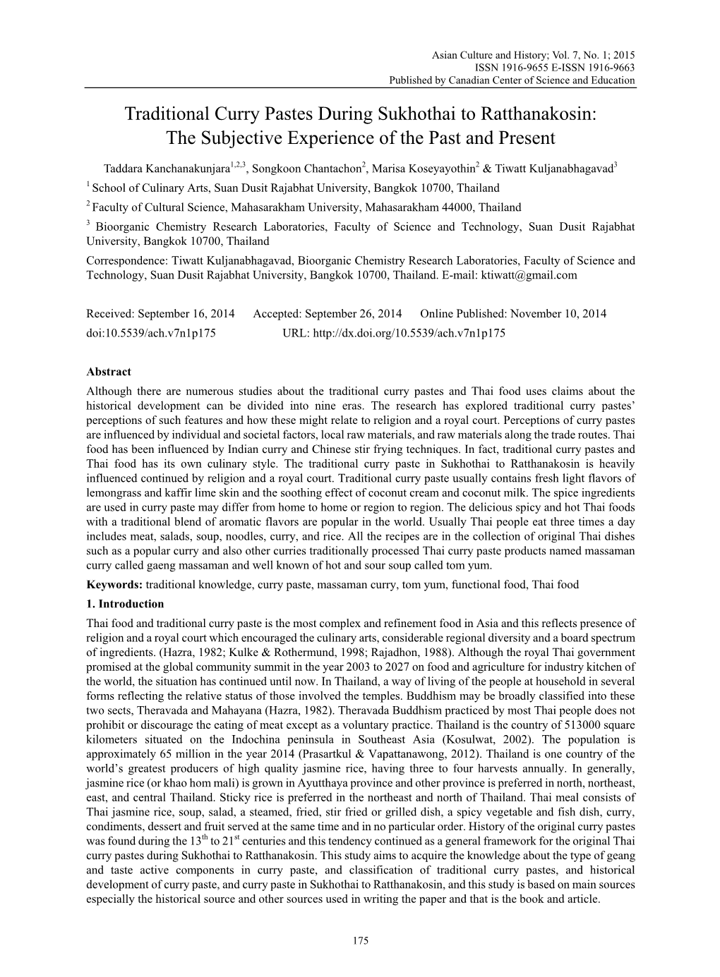 Traditional Curry Pastes During Sukhothai to Ratthanakosin: the Subjective Experience of the Past and Present