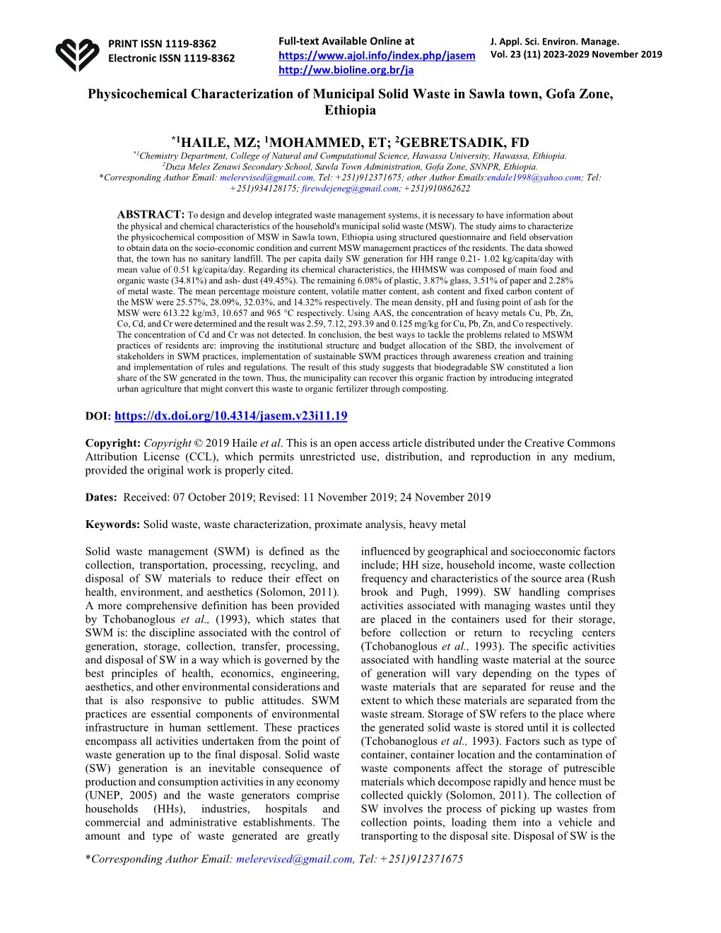 Physicochemical Characterization of Municipal Solid Waste in Sawla Town, Gofa Zone, Ethiopia