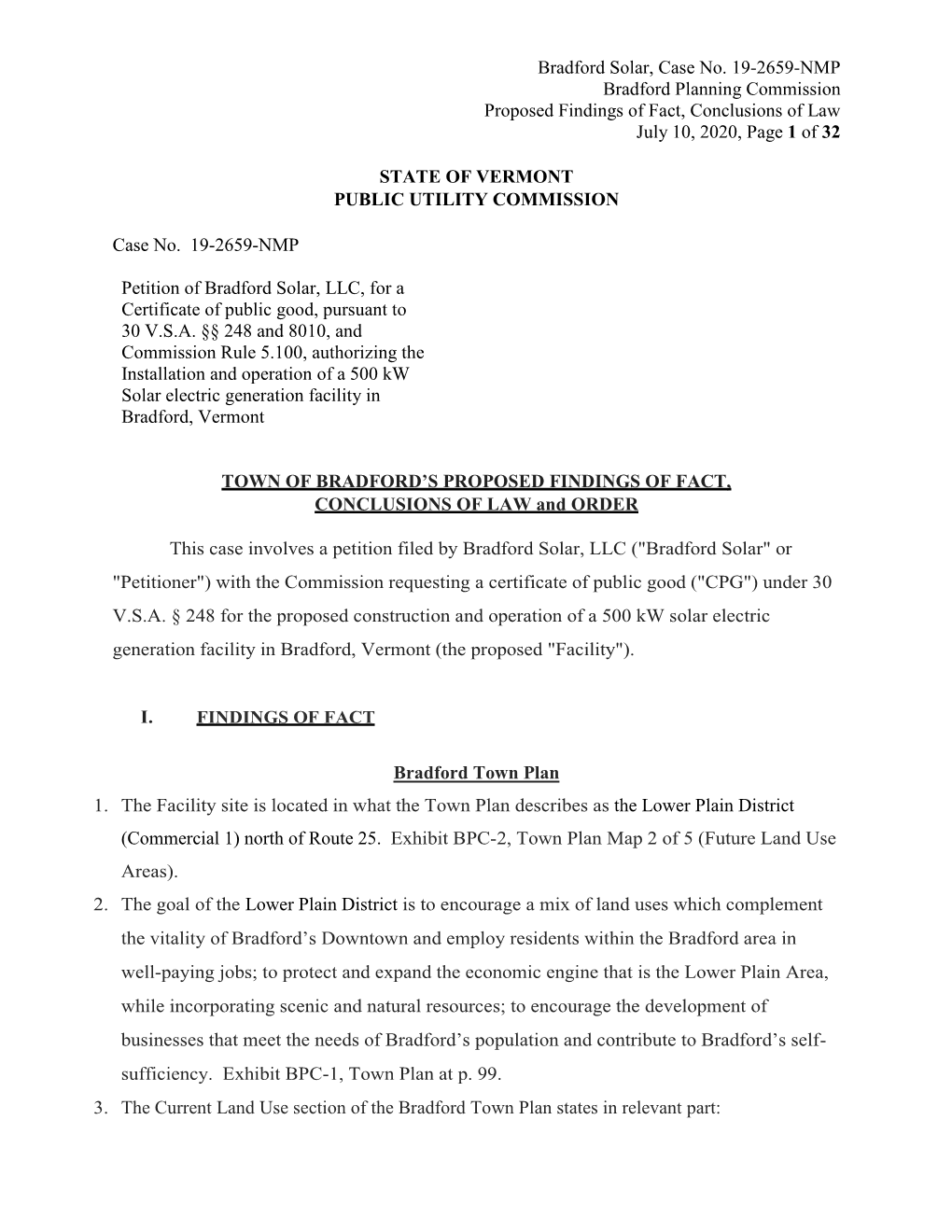 Bradford Solar, Case No. 19-2659-NMP Bradford Planning Commission Proposed Findings of Fact, Conclusions of Law July 10, 2020, Page 1 of 32