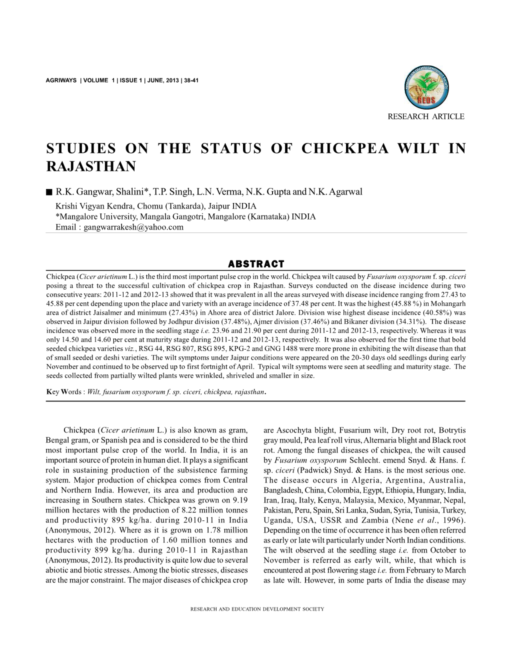 Studies on the Status of Chickpea Wilt in Rajasthan