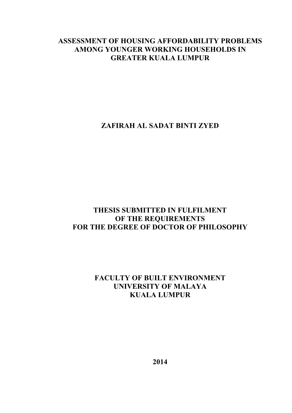 Assessment of Housing Affordability Problems Among Younger Working Households in Greater Kuala Lumpur