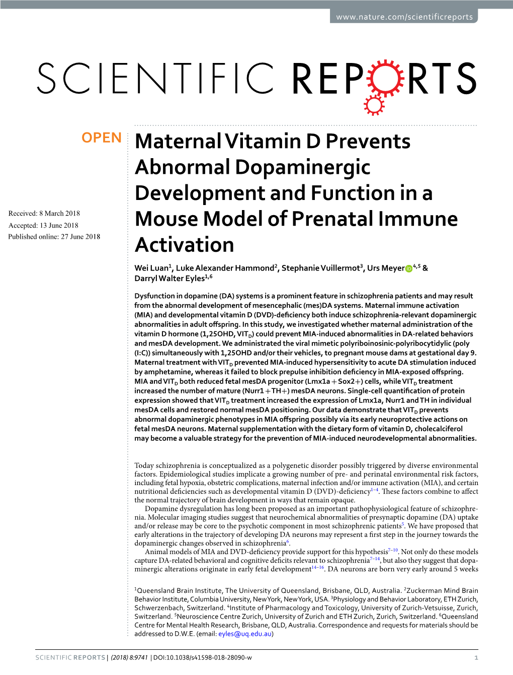 Maternal Vitamin D Prevents Abnormal Dopaminergic