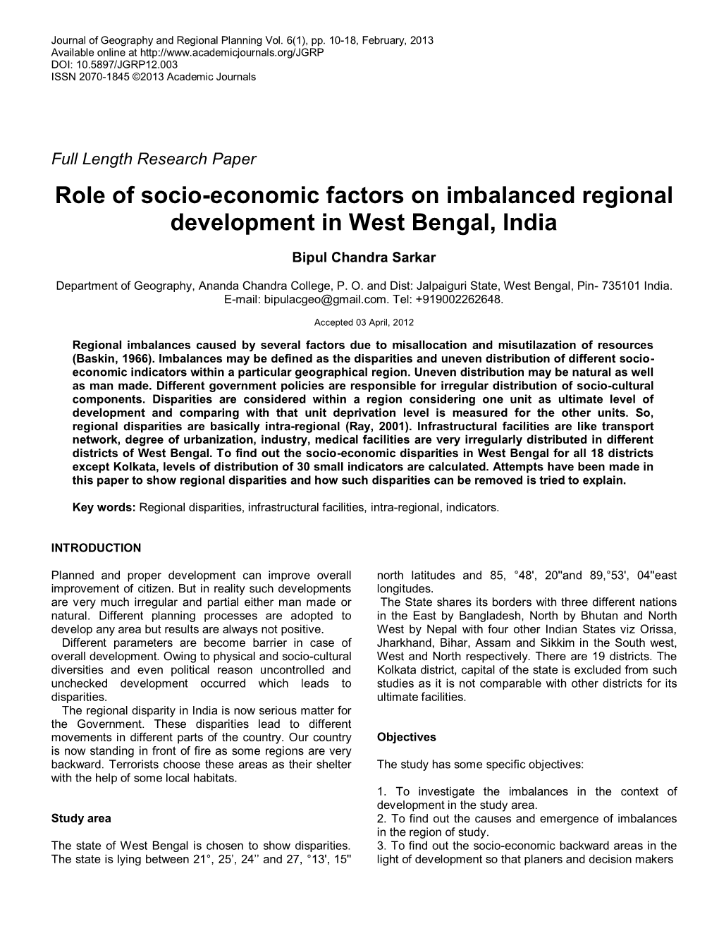 Role of Socio-Economic Factors on Imbalanced Regional Development in West Bengal, India