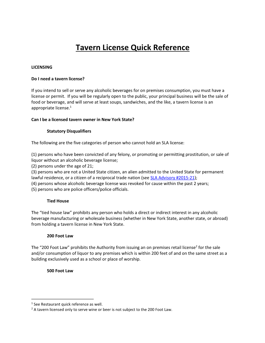Tavern License Quick Reference
