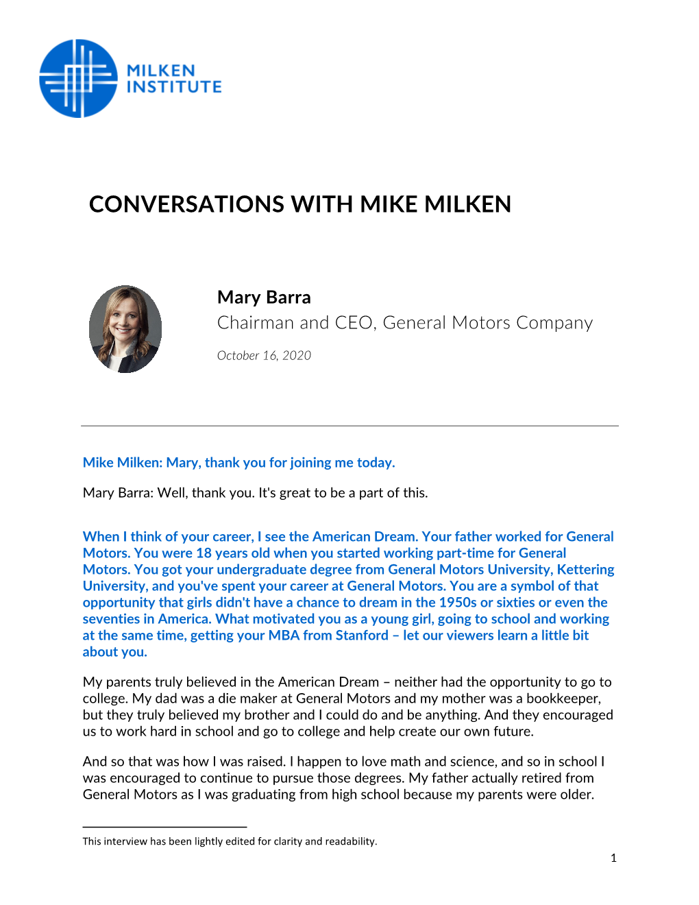 CONVERSATIONS with MIKE MILKEN Mary Barra