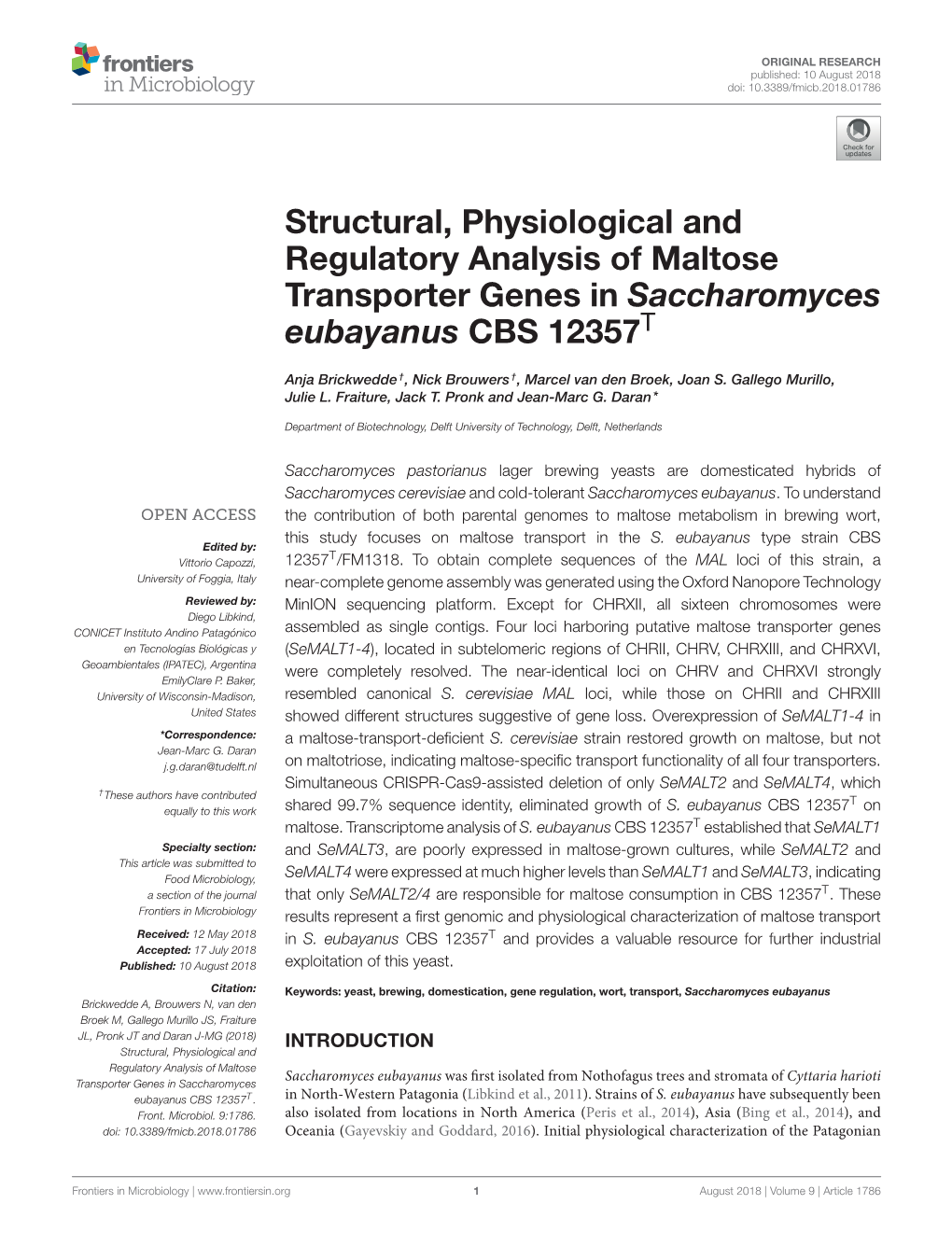 Structural, Physiological and Regulatory Analysis of Maltose Transporter Genes in Saccharomyces Eubayanus CBS 12357T