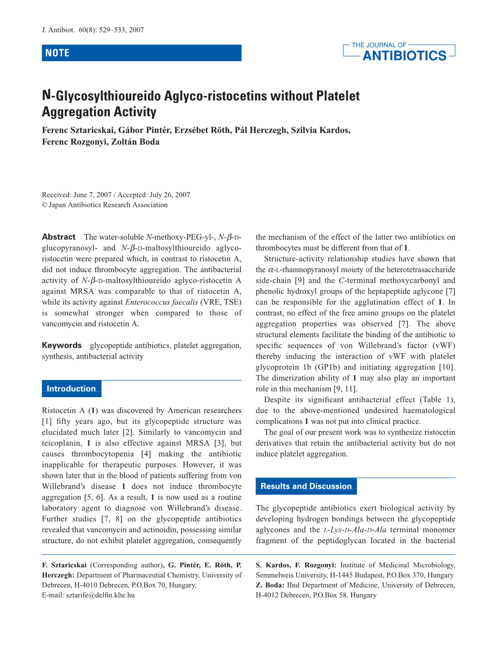 N-Glycosylthioureido Aglyco-Ristocetins Without Platelet