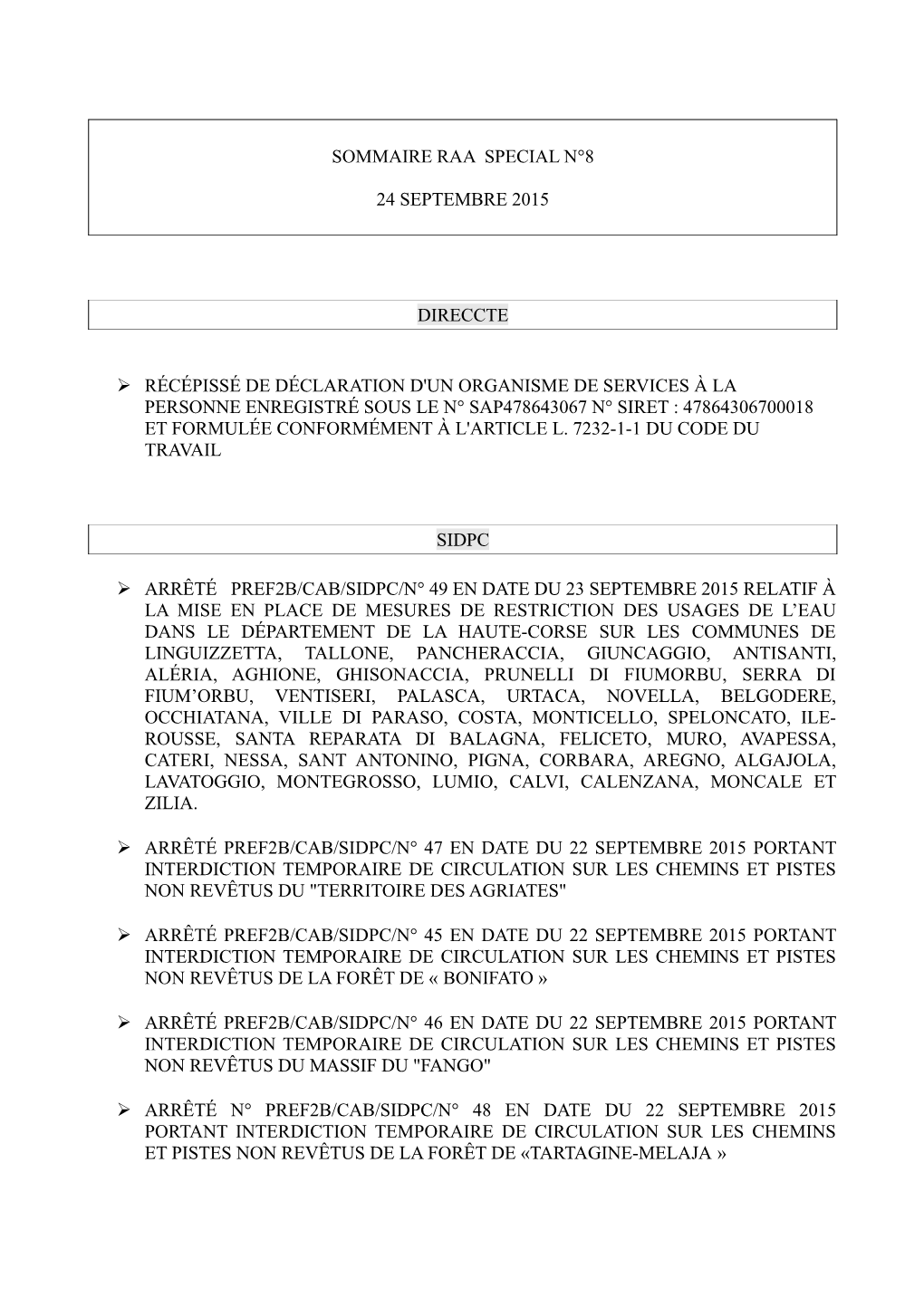 Sommaire Raa Special N°8 24 Septembre 2015 Direccte Récépissé De
