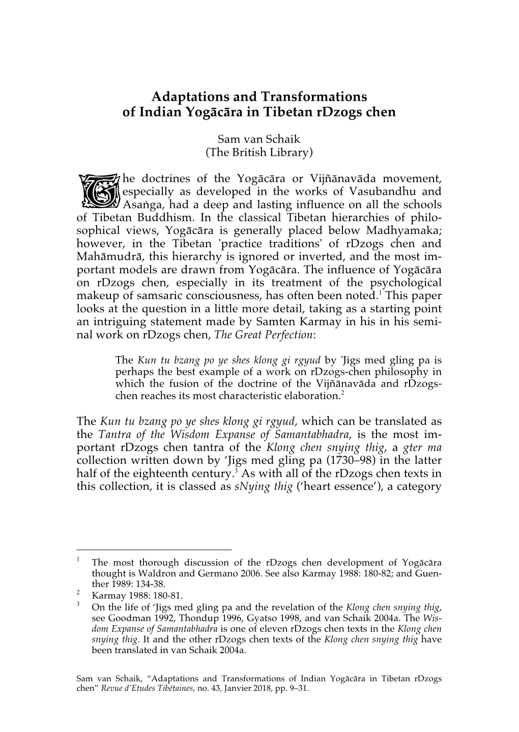 Adaptations and Transformations of Indian Yogācāra in Tibetan Rdzogs Chen