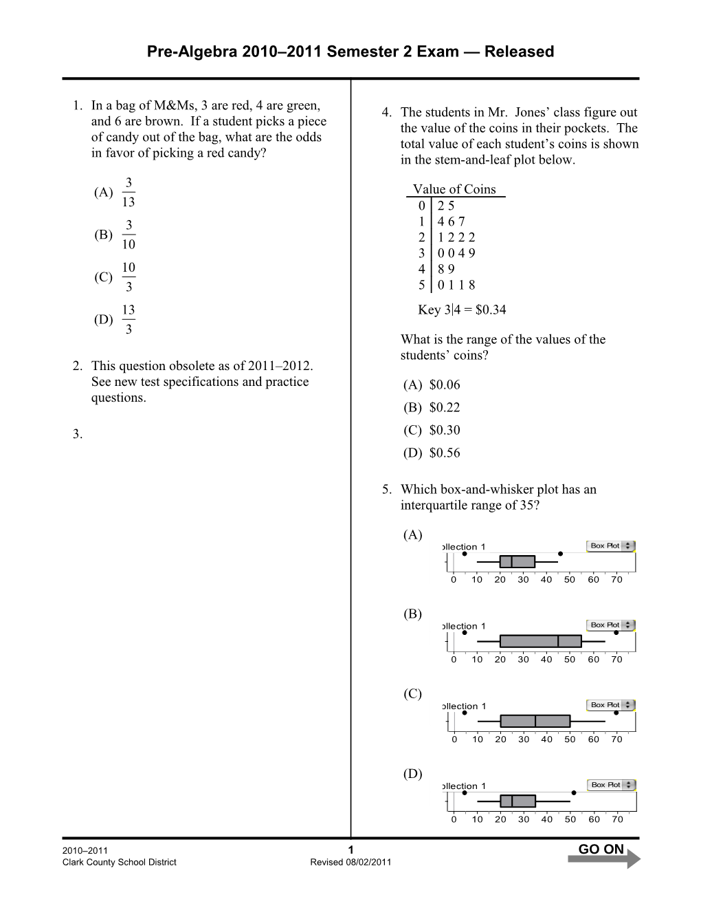 Pre-Algebra 2010 2011 Semester 2 Exam Released