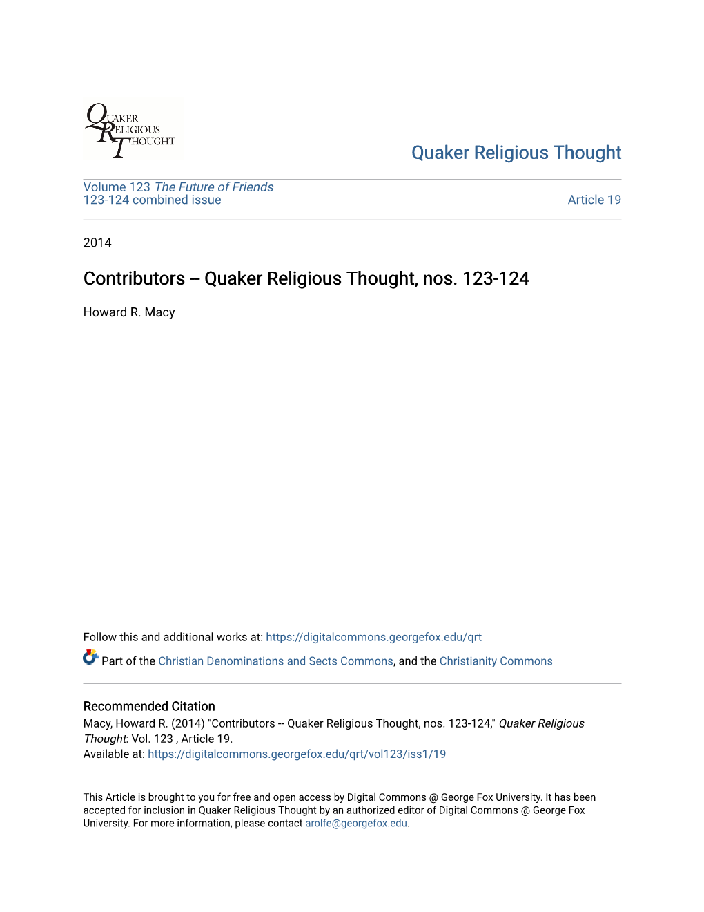 Contributors -- Quaker Religious Thought, Nos. 123-124