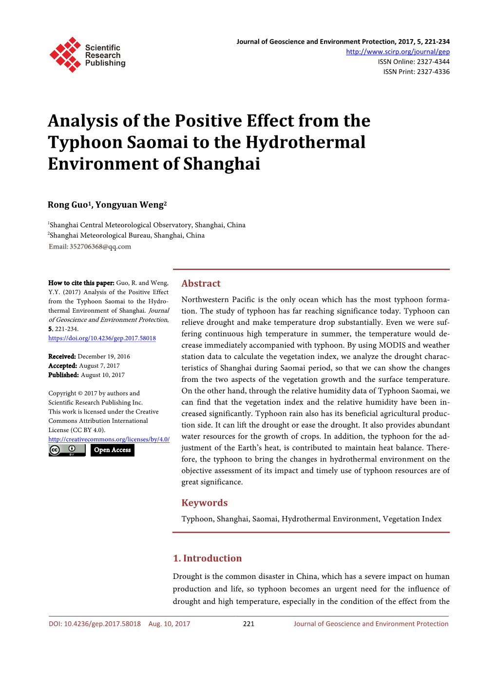 Analysis of the Positive Effect from the Typhoon Saomai to the Hydrothermal Environment of Shanghai