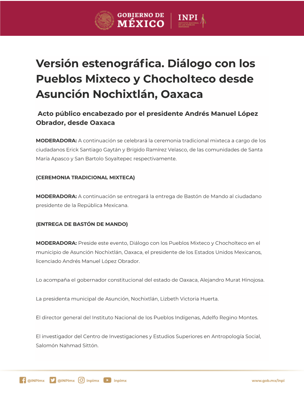 Versión Estenográfica. Diálogo Con Los Pueblos Mixteco Y Chocholteco Desde Asunción Nochixtlán, Oaxaca