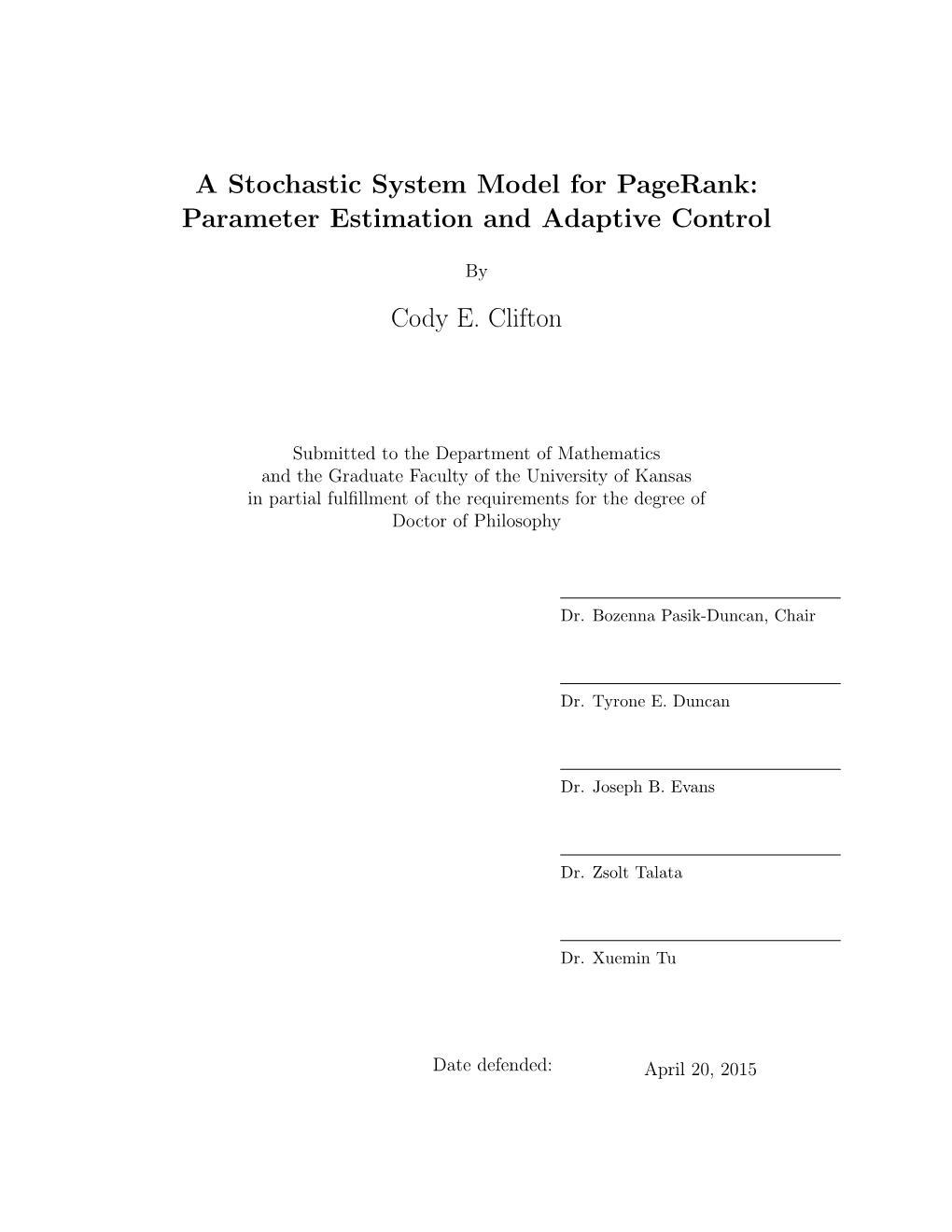 A Stochastic System Model for Pagerank: Parameter Estimation and Adaptive Control