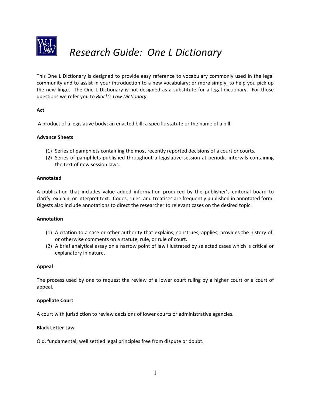 Research Guide: One L Dictionary