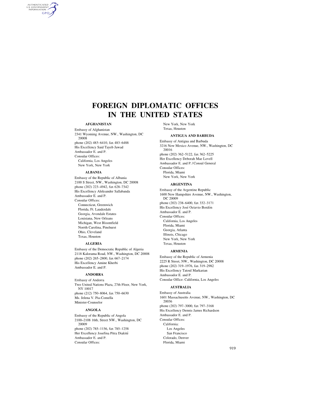 Foreign Diplomatic Offices in the United States