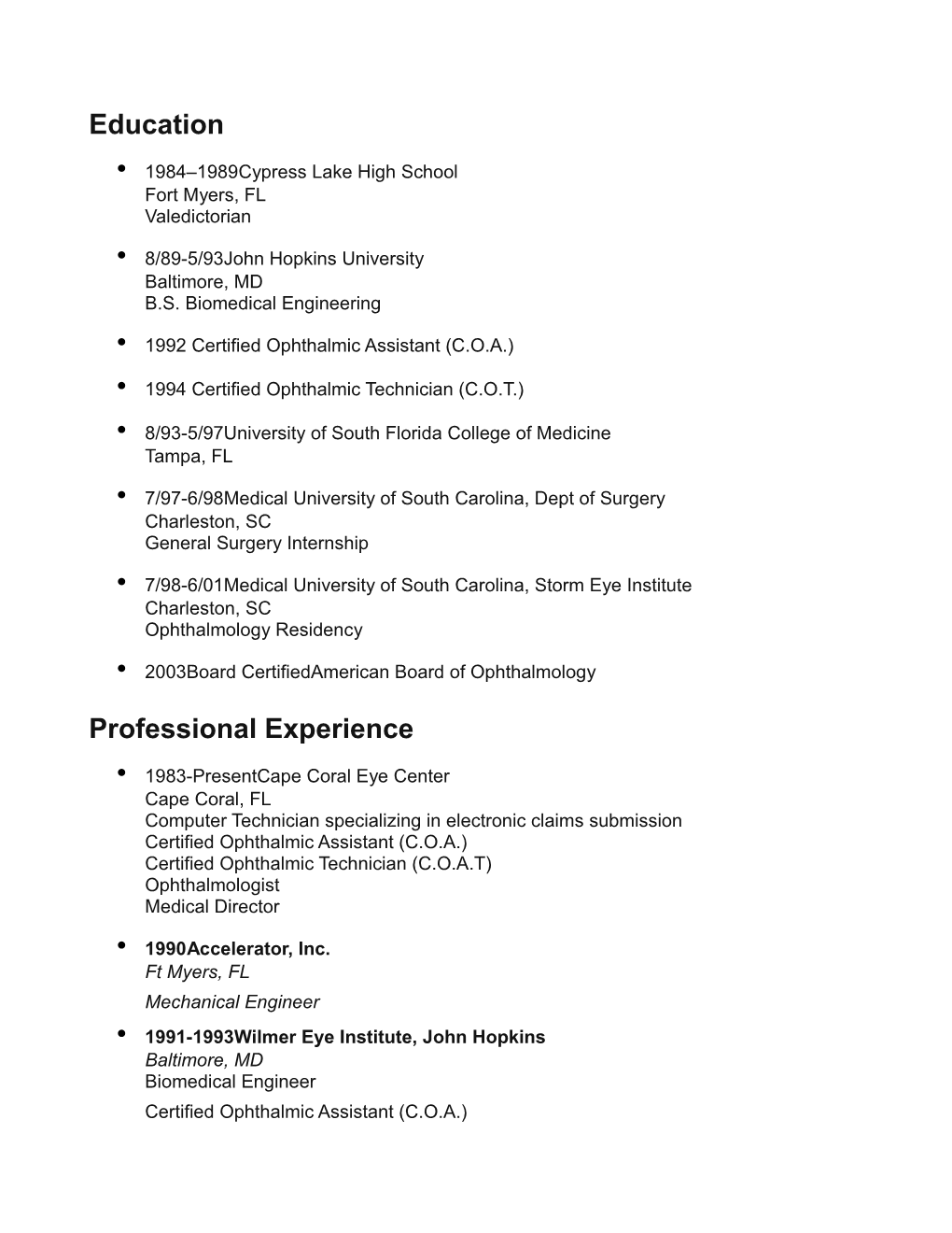 Education Professional Experience