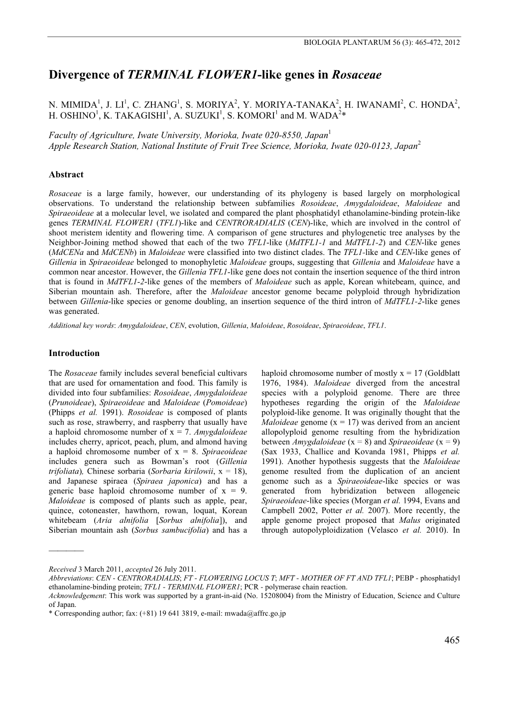 Divergence of TERMINAL FLOWER1-Like Genes in Rosaceae