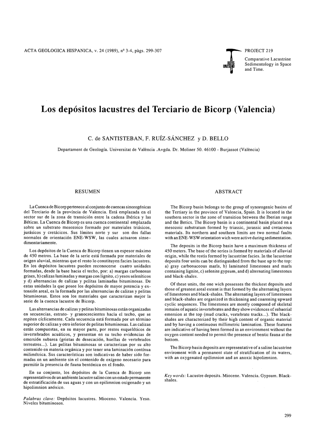 Los Depositos Lacustres Del Terciario De Bicorp (Valencia)