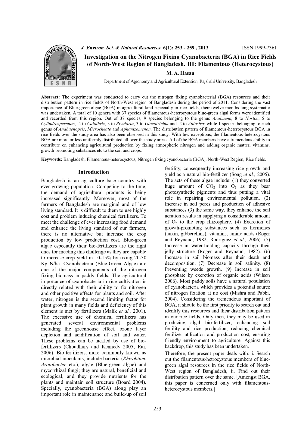 Investigation on the Nitrogen Fixing Cyanobacteria (BGA) in Rice Fields of North-West Region of Bangladesh