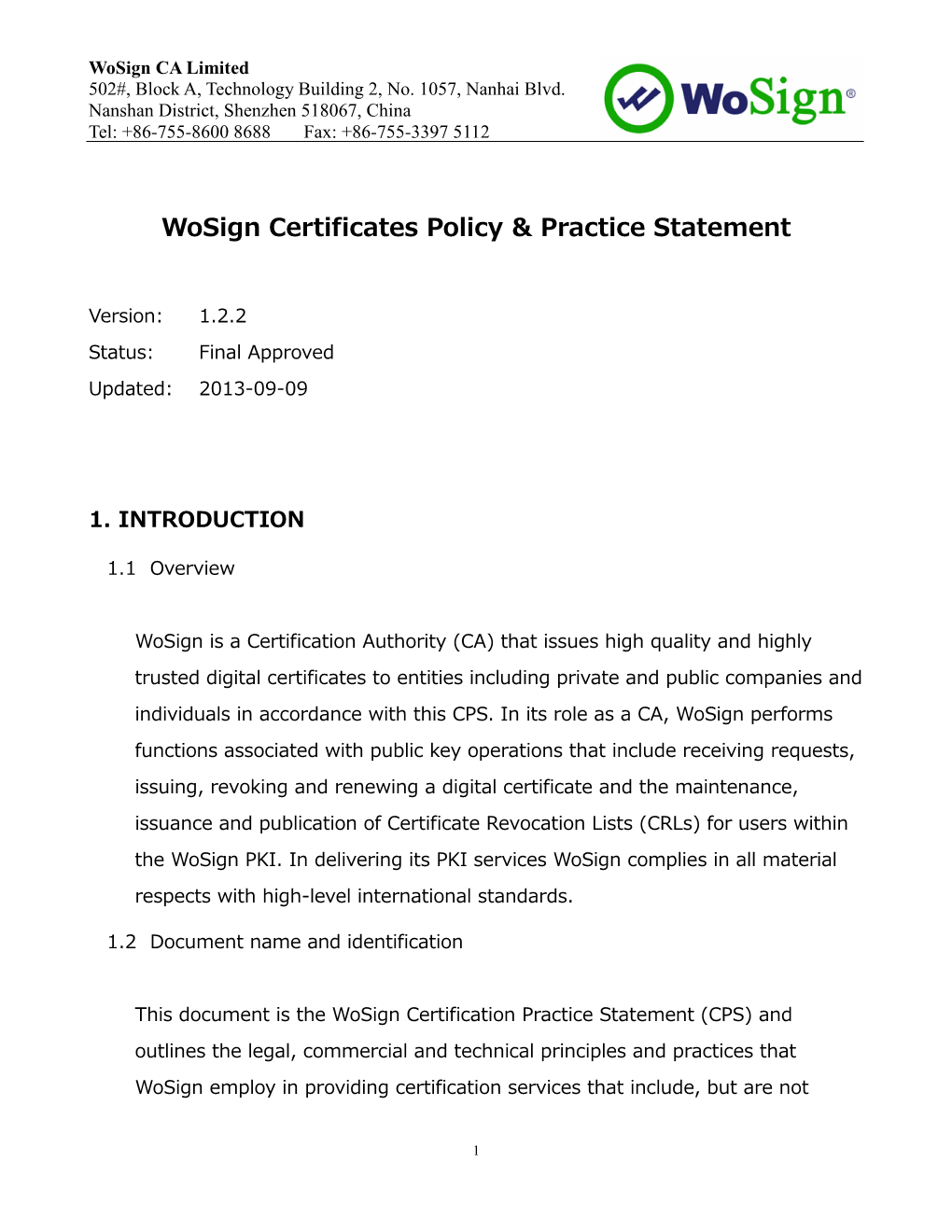 Wosign Certificates Policy & Practice Statement