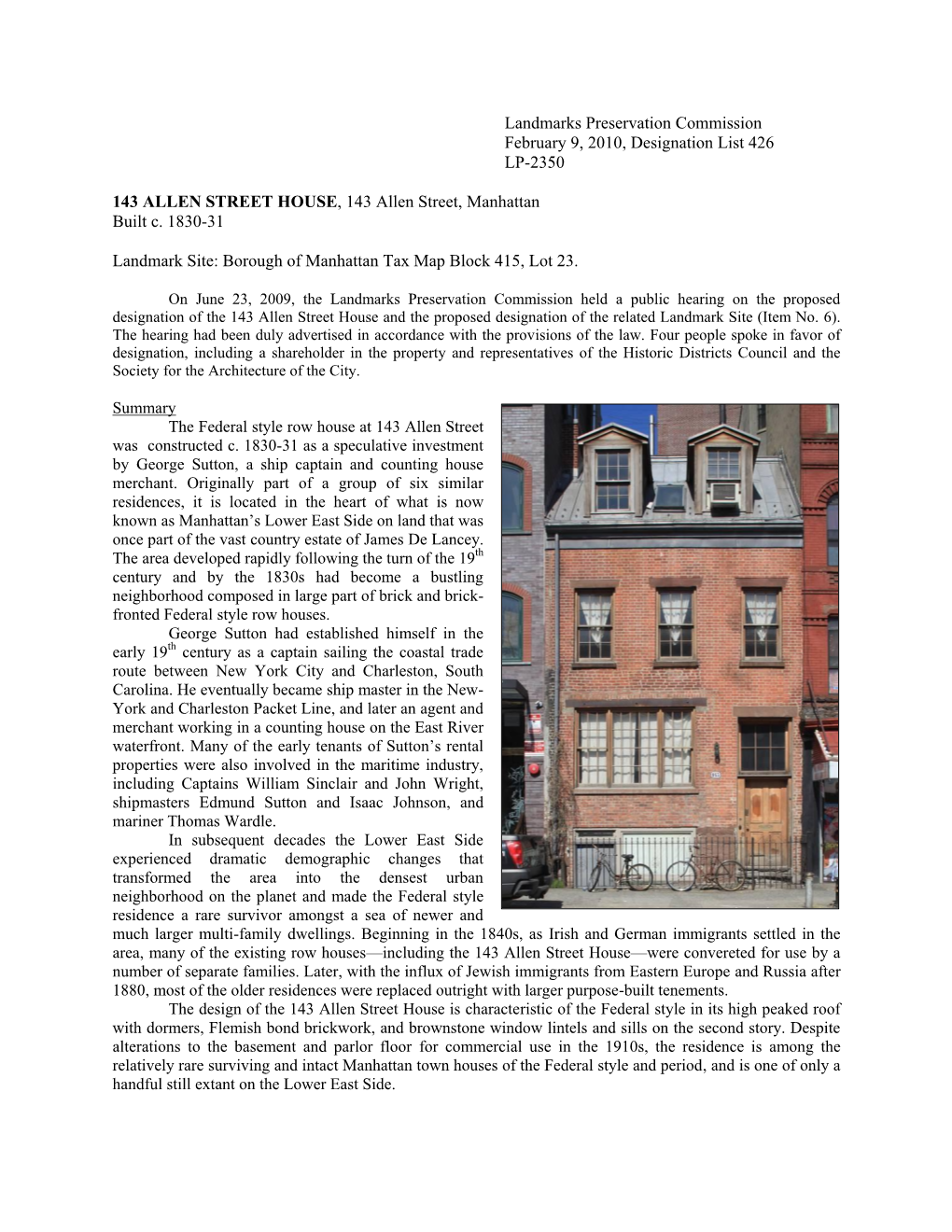 Landmarks Preservation Commission February 9, 2010, Designation List 426 LP-2350