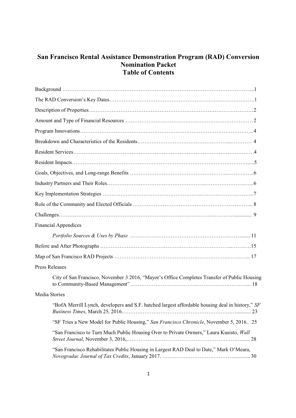 San Francisco Rental Assistance Demonstration Program (RAD) Conversion Nomination Packet Table of Contents