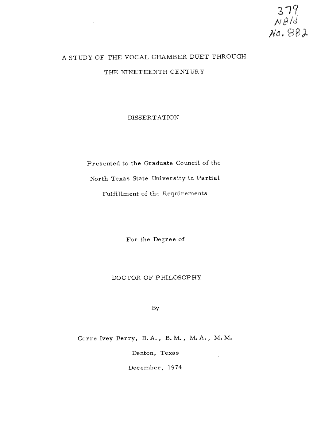 A Study of the Vocal Chamber Duet Through the Nineteenth Century Dissertation Doctor of Philosophy