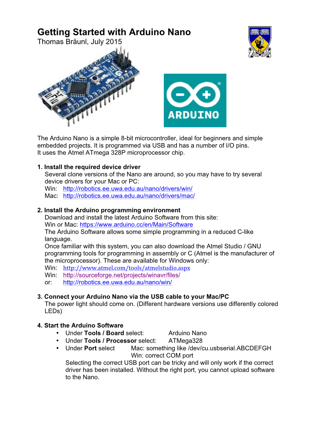 Getting Started with Arduino Nano Thomas Bräunl, July 2015