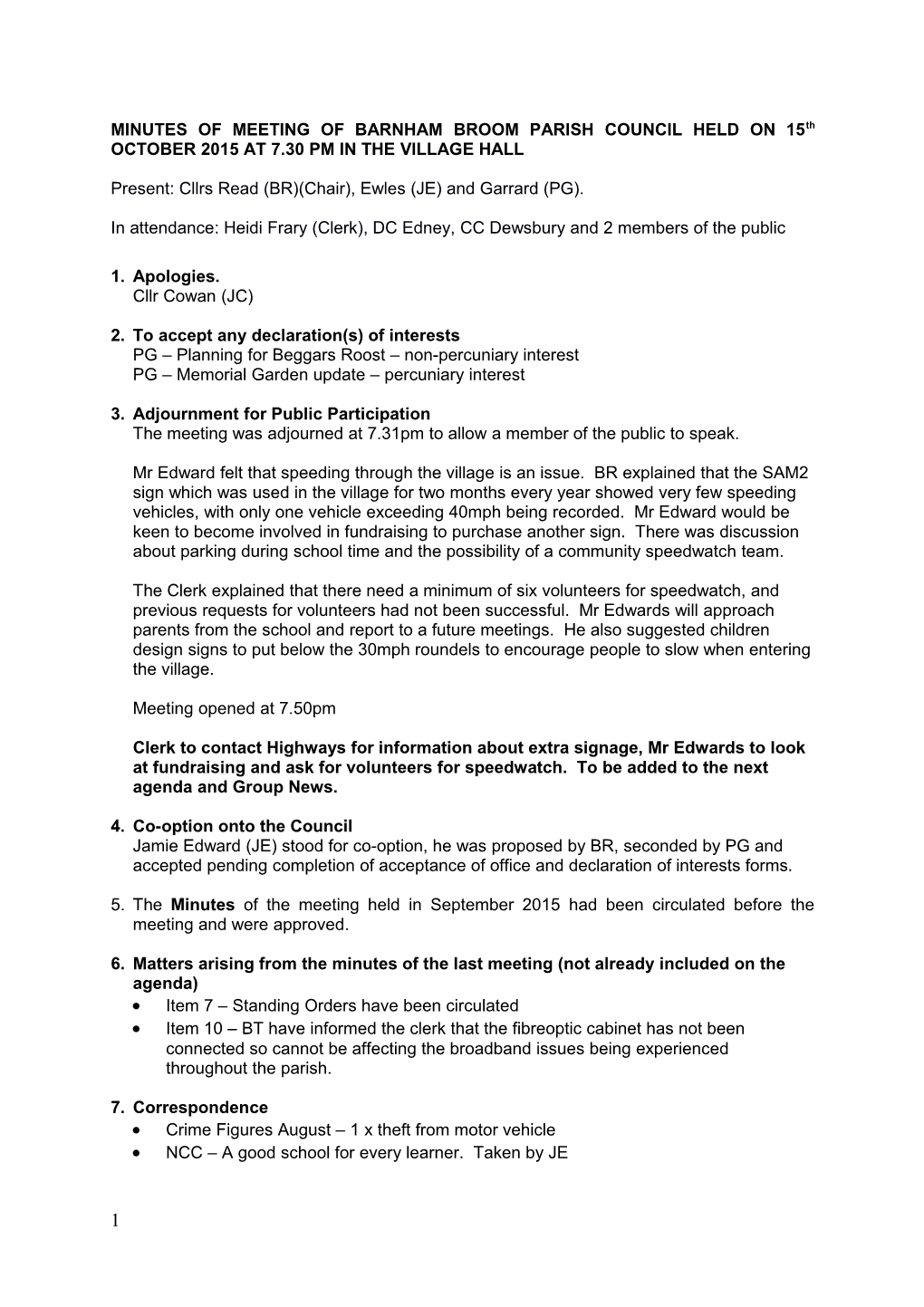 MINUTES of MEETING of BARNHAM BROOM PARISH COUNCIL HELD on 15Th OCTOBER 2015 at 7.30 PM