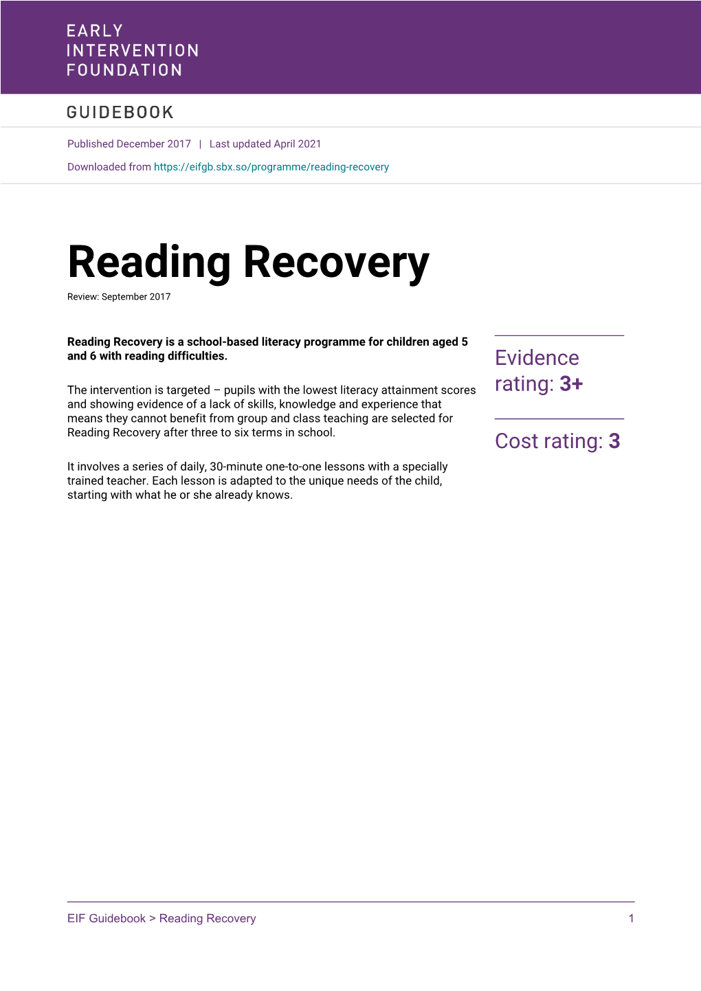 Reading Recovery Review: September 2017