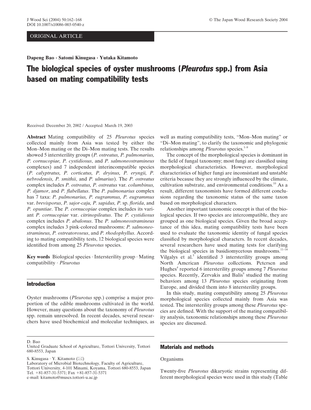 The Biological Species of Oyster Mushrooms (Pleurotus Spp.) from Asia Based on Mating Compatibility Tests