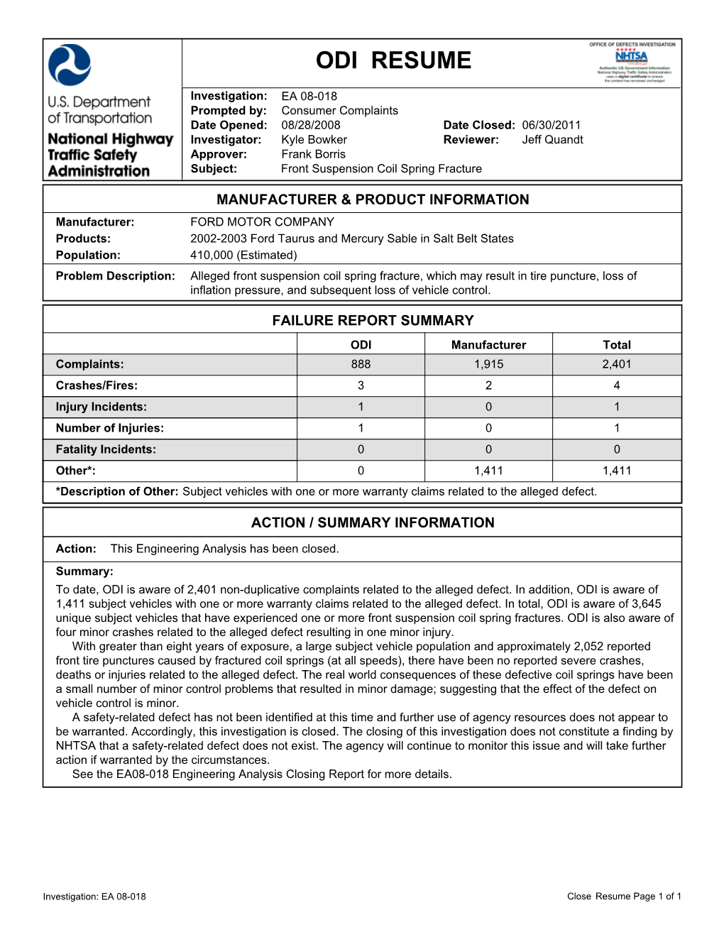 DOT NHTSA ODI Document