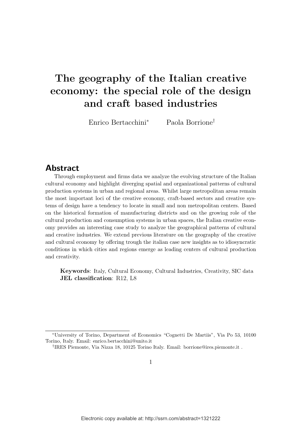 The Geography of the Italian Creative Economy: the Special Role of the Design and Craft Based Industries