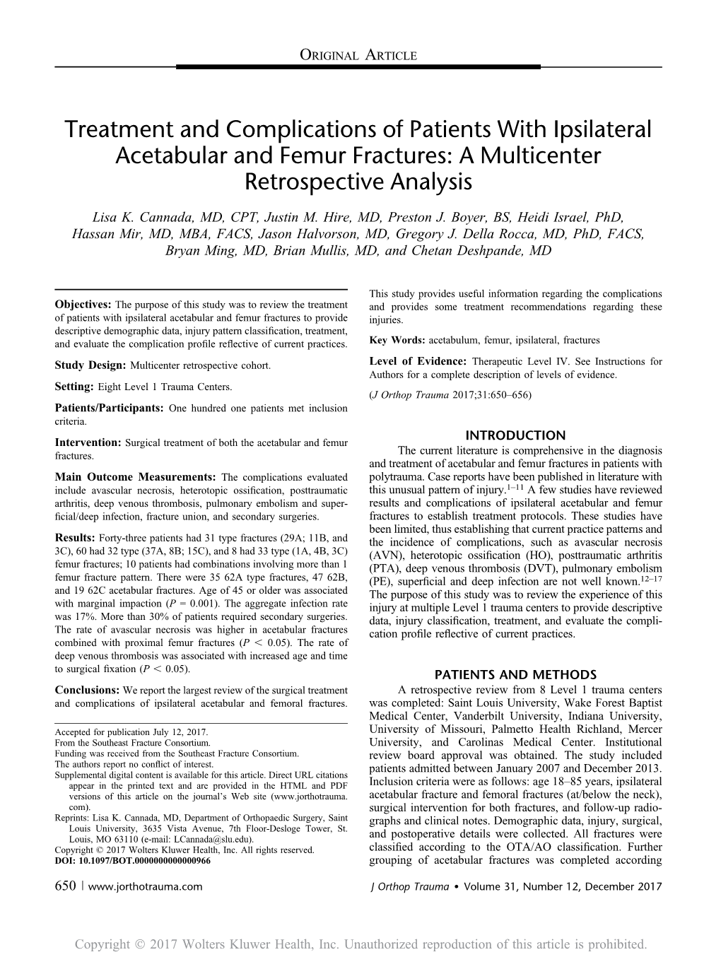 Treatment and Complications of Patients with Ipsilateral Acetabular and Femur Fractures: a Multicenter Retrospective Analysis